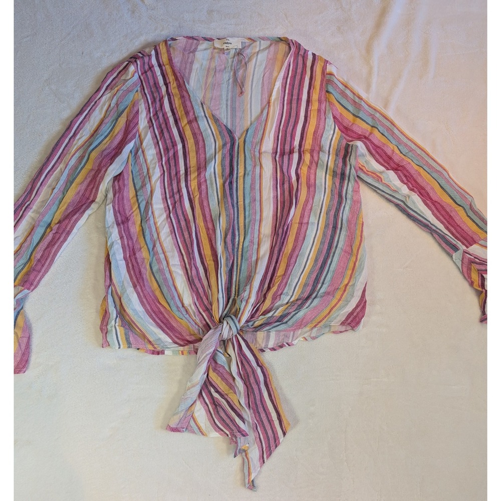 Entro Striped Tie-Front Blouse Bell Sleeve V-Neck‎ Top Multicolor Size M